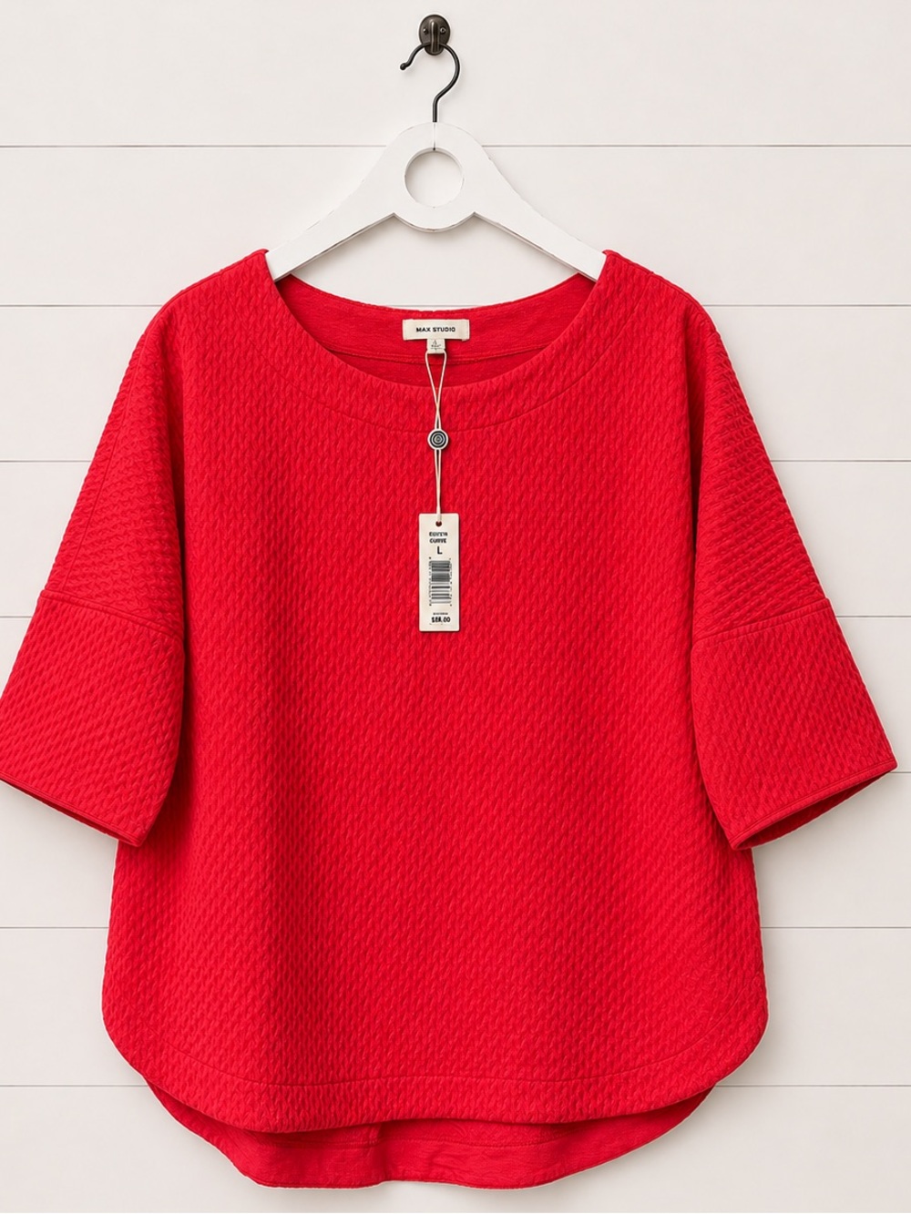Max Studio Red Textured Boxy Short-Sleeve Top